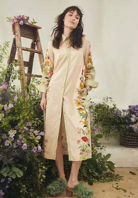 Ivory floral print linen maxi western dress for women 1