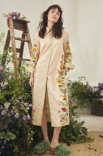 Ivory floral print linen maxi western dress for women