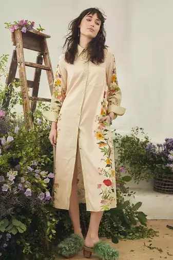Ivory floral print linen maxi western dress for women