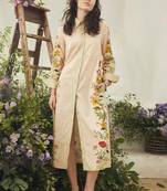 Ivory floral print linen maxi western dress for women