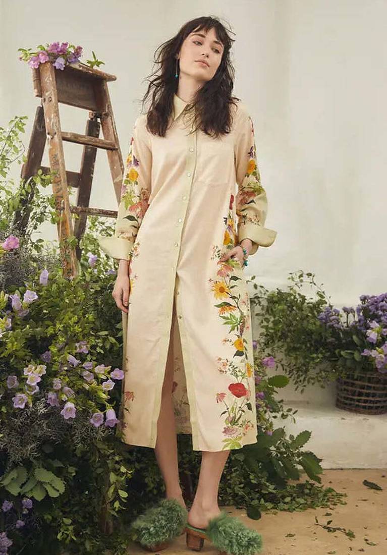 Ivory floral print linen maxi western dress for women