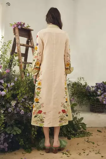 Ivory floral print linen maxi western dress for women