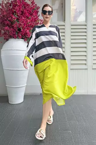 Black stripes print crepe maxi western dress for women