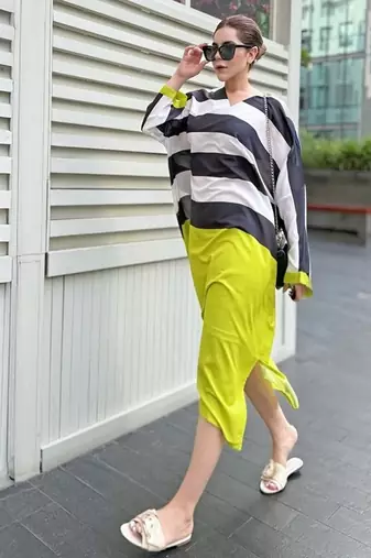 Black stripes print crepe maxi western dress for women
