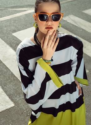 Black stripes print crepe maxi western dress for women 3