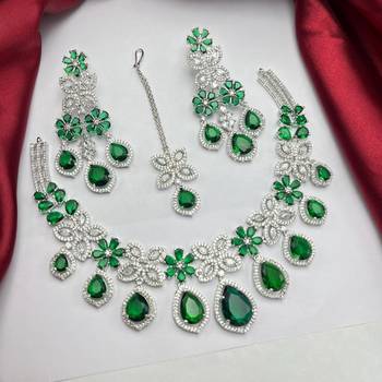 emerald green bridal jewellery set  silver toned necklace, chandelier earrings, maang tikka 2