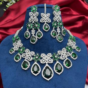 emerald green bridal jewellery set  silver toned necklace, chandelier earrings, maang tikka 3