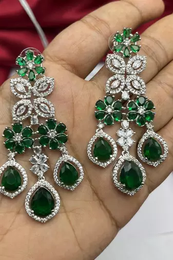 emerald green bridal jewellery set â€“ silver toned necklace, chandelier earrings, maang tikka