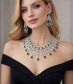 emerald green ad bridal necklace set  silver chandelier earrings