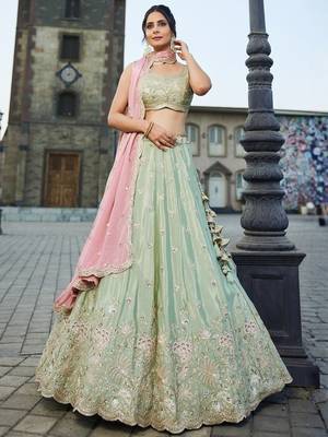 Women's Sage Green Embroidered Georgette Lehenga Choli with Blush Pink Dupatta for Wedding & Festive Wear 1