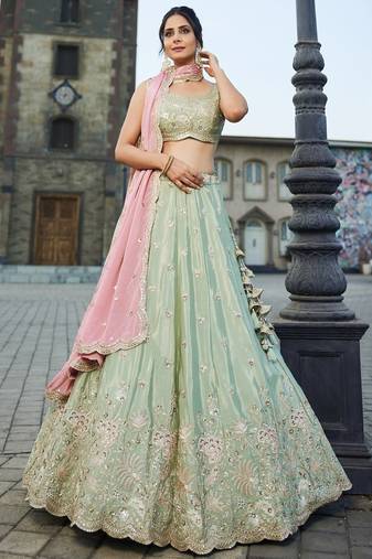 Women's Sage Green Embroidered Georgette Lehenga Choli with Blush Pink Dupatta for Wedding & Festive Wear