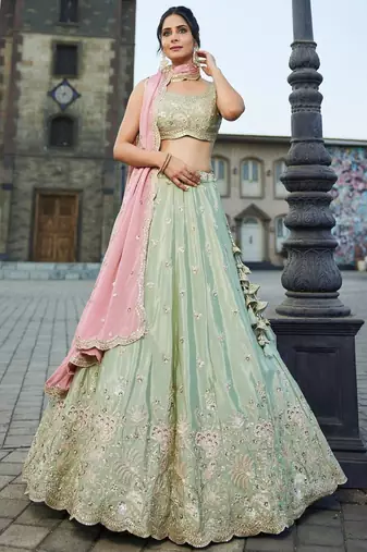Women's Sage Green Embroidered Georgette Lehenga Choli with Blush Pink Dupatta for Wedding & Festive Wear