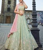 Women's Sage Green Embroidered Georgette Lehenga Choli with Blush Pink Dupatta for Wedding & Festive Wear