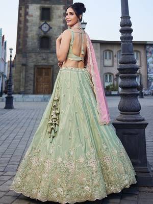 Women's Sage Green Embroidered Georgette Lehenga Choli with Blush Pink Dupatta for Wedding & Festive Wear 2