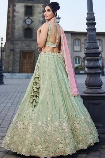 Women's Sage Green Embroidered Georgette Lehenga Choli with Blush Pink Dupatta for Wedding & Festive Wear