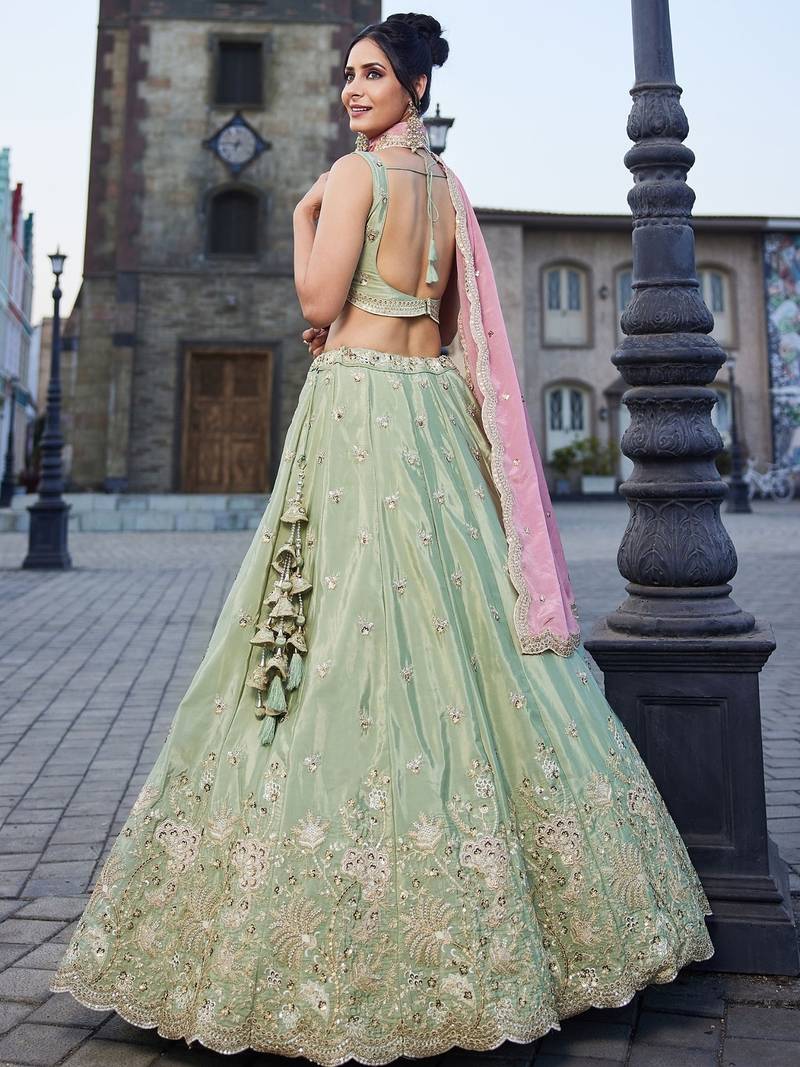 Women's Sage Green Embroidered Georgette Lehenga Choli with Blush Pink Dupatta for Wedding & Festive Wear