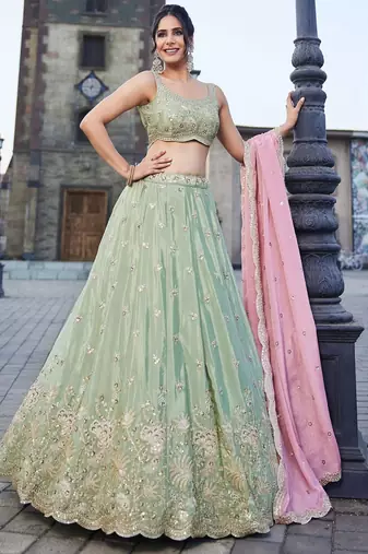Women's Sage Green Embroidered Georgette Lehenga Choli with Blush Pink Dupatta for Wedding & Festive Wear