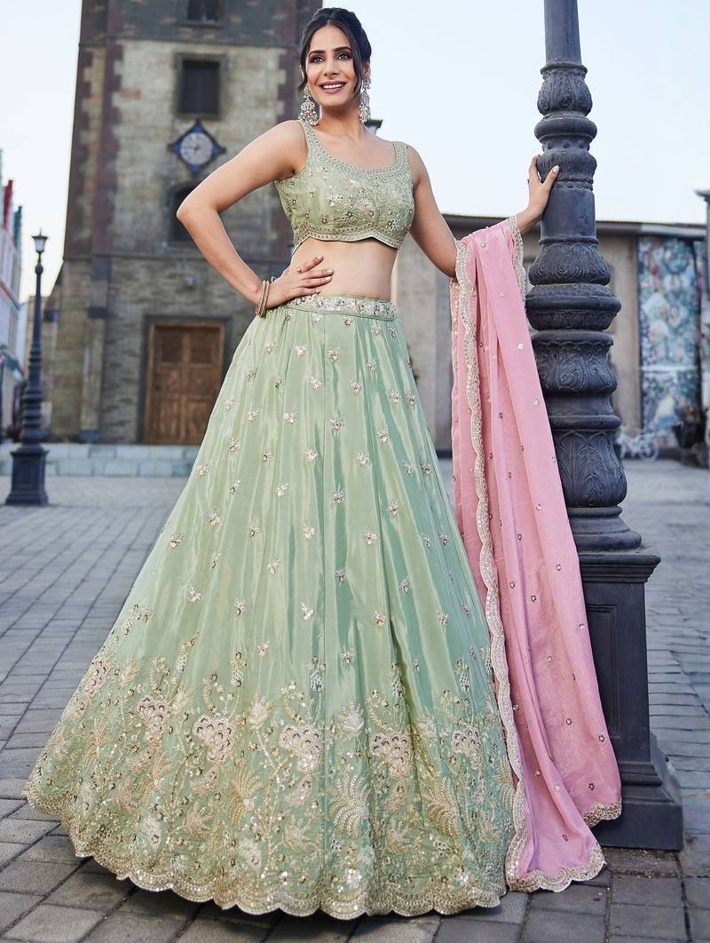 Women's Sage Green Embroidered Georgette Lehenga Choli with Blush Pink Dupatta for Wedding & Festive Wear