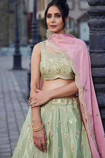Women's Sage Green Embroidered Georgette Lehenga Choli with Blush Pink Dupatta for Wedding & Festive Wear