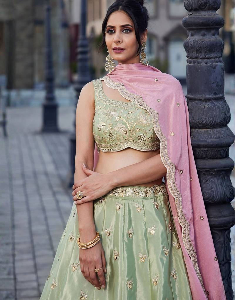 Women's Sage Green Embroidered Georgette Lehenga Choli with Blush Pink Dupatta for Wedding & Festive Wear