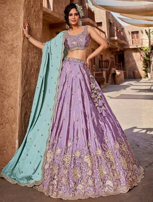Women's Lavender Embroidered Georgette Lehenga Choli with Aqua Blue Dupatta 1