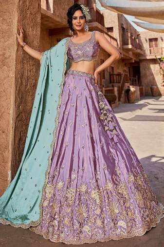 Women's Lavender Embroidered Georgette Lehenga Choli with Aqua Blue Dupatta
