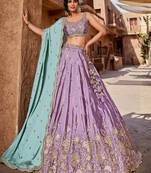 Women's Lavender Embroidered Georgette Lehenga Choli with Aqua Blue Dupatta