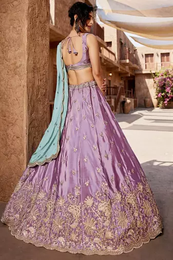 Women's Lavender Embroidered Georgette Lehenga Choli with Aqua Blue Dupatta