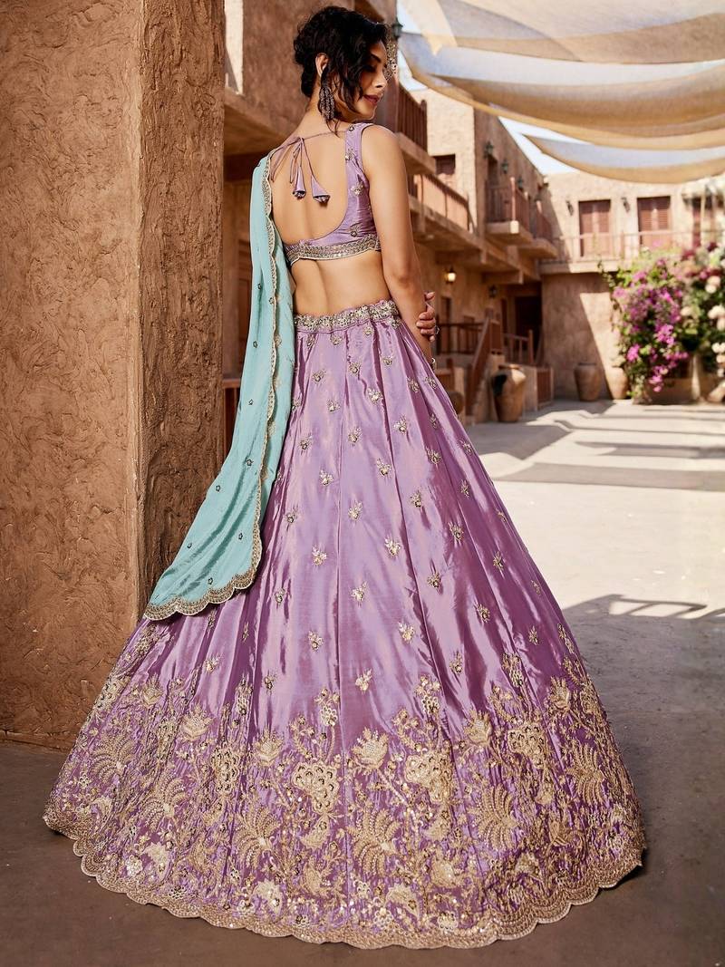 Women's Lavender Embroidered Georgette Lehenga Choli with Aqua Blue Dupatta