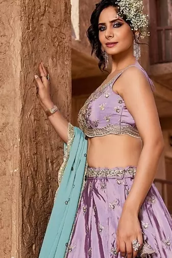 Women's Lavender Embroidered Georgette Lehenga Choli with Aqua Blue Dupatta
