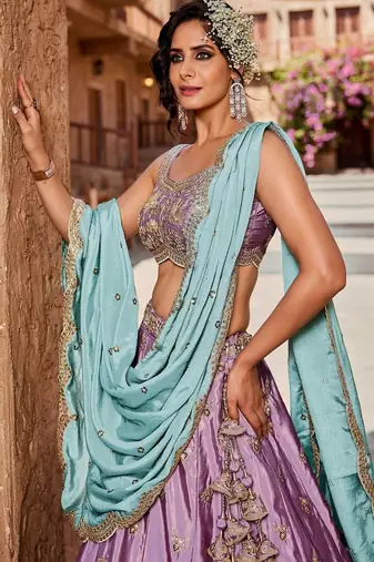 Women's Lavender Embroidered Georgette Lehenga Choli with Aqua Blue Dupatta