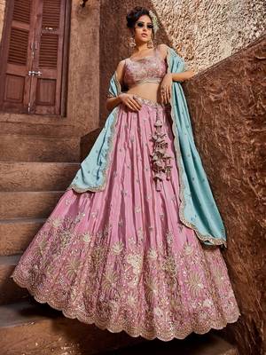 Women's Dusty Pink Embroidered Georgette Lehenga Choli with Aqua Blue Dupatta 1
