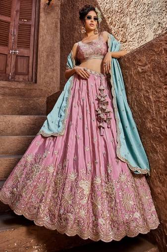 Women's Dusty Pink Embroidered Georgette Lehenga Choli with Aqua Blue Dupatta