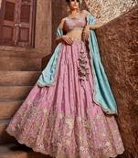 Women's Dusty Pink Embroidered Georgette Lehenga Choli with Aqua Blue Dupatta