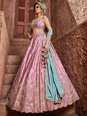Women's Dusty Pink Embroidered Georgette Lehenga Choli with Aqua Blue Dupatta 2