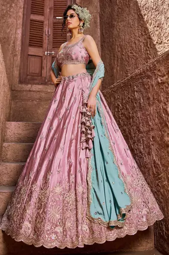 Women's Dusty Pink Embroidered Georgette Lehenga Choli with Aqua Blue Dupatta