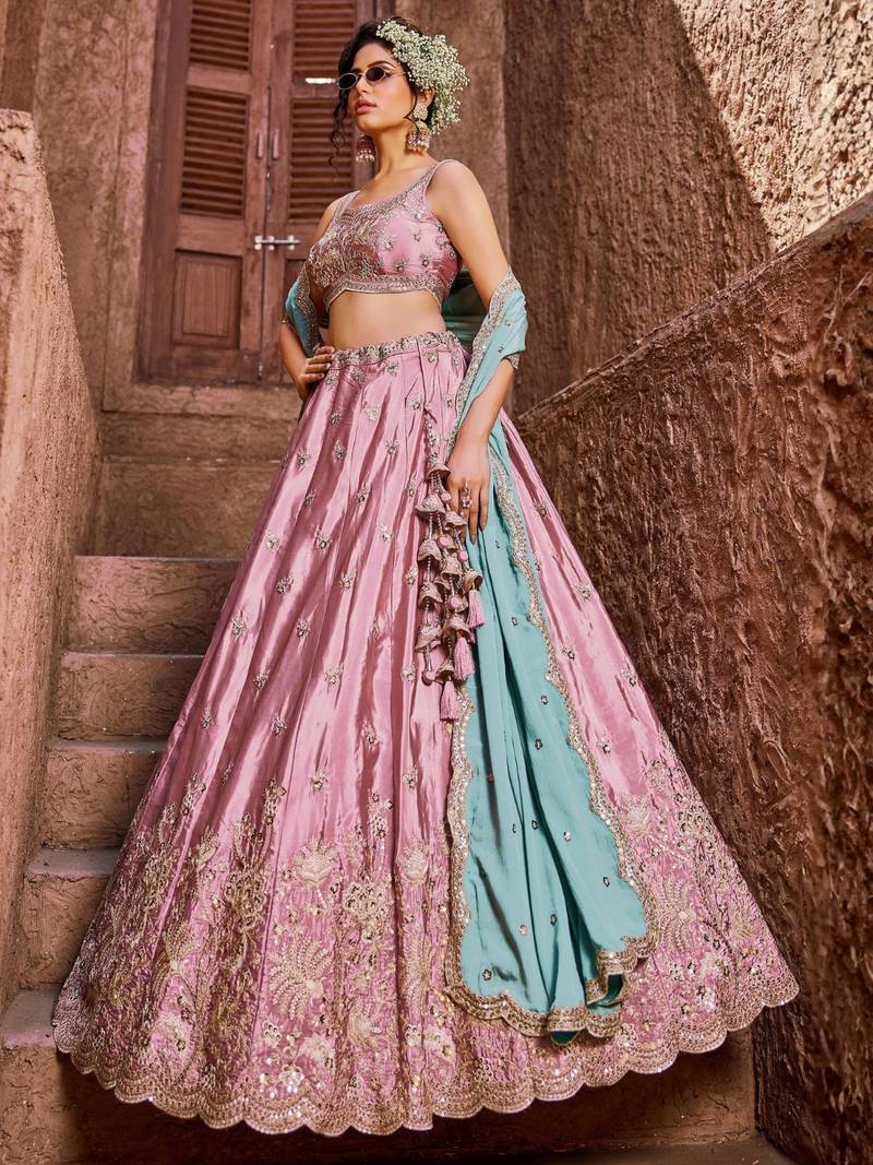 Women's Dusty Pink Embroidered Georgette Lehenga Choli with Aqua Blue Dupatta