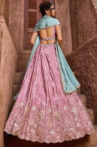 Women's Dusty Pink Embroidered Georgette Lehenga Choli with Aqua Blue Dupatta