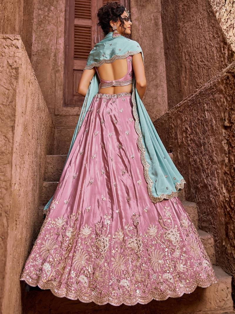 Women's Dusty Pink Embroidered Georgette Lehenga Choli with Aqua Blue Dupatta