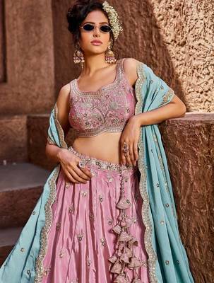 Women's Dusty Pink Embroidered Georgette Lehenga Choli with Aqua Blue Dupatta 4