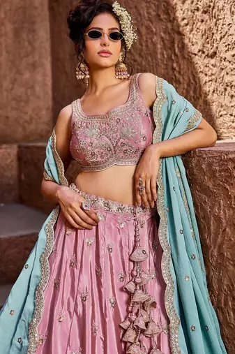 Women's Dusty Pink Embroidered Georgette Lehenga Choli with Aqua Blue Dupatta