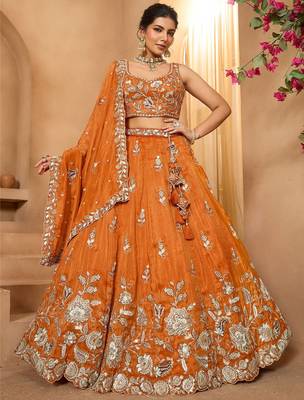 Women's Rust Orange Embroidered Georgette Lehenga Choli with Matching Dupatta 1