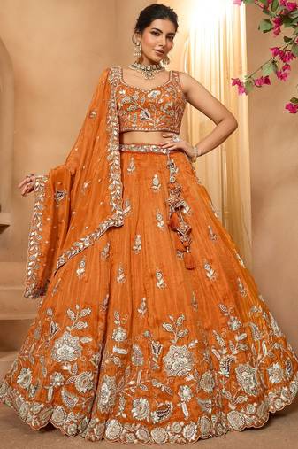 Women's Rust Orange Embroidered Georgette Lehenga Choli with Matching Dupatta