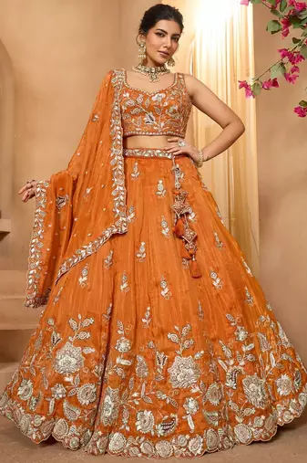 Women's Rust Orange Embroidered Georgette Lehenga Choli with Matching Dupatta