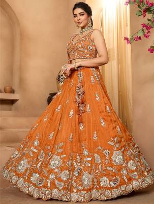 Women's Rust Orange Embroidered Georgette Lehenga Choli with Matching Dupatta 2