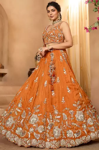 Women's Rust Orange Embroidered Georgette Lehenga Choli with Matching Dupatta