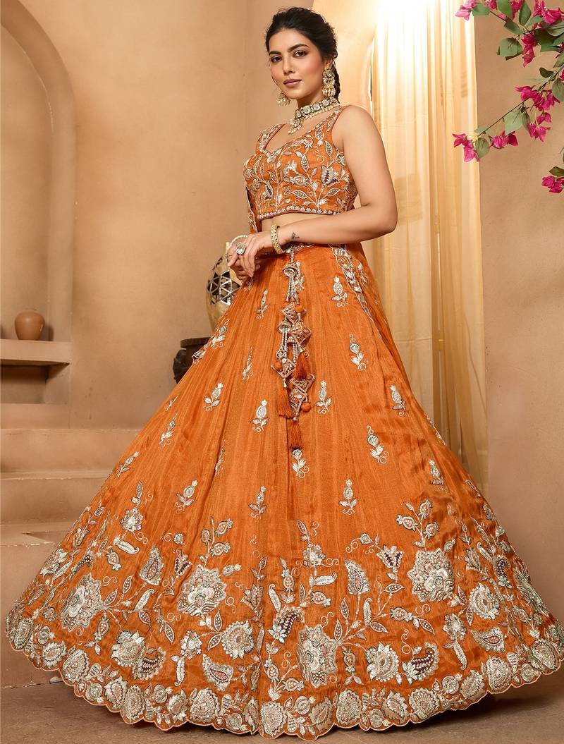 Women's Rust Orange Embroidered Georgette Lehenga Choli with Matching Dupatta