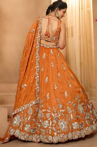 Women's Rust Orange Embroidered Georgette Lehenga Choli with Matching Dupatta