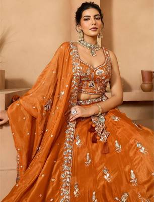 Women's Rust Orange Embroidered Georgette Lehenga Choli with Matching Dupatta 4