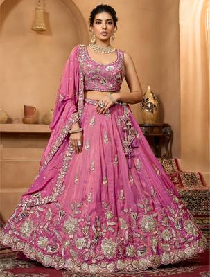 Women's Magenta Pink Embroidered Georgette Lehenga Choli with Matching Dupatta 1